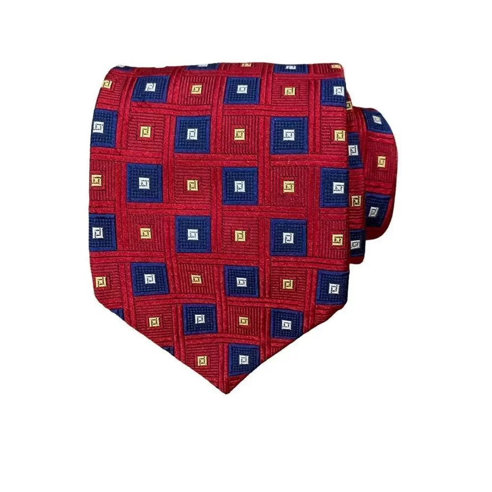 Hart Schaffner Marx Vintage Silk Hand-Tailored Tie, Red Blue Geometric 58”x3.5”‎
